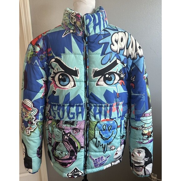 Sugar Hill Sugarhill PSYCHO PUFFER JACKET Unisex Size XXL Blue Graphic Coat EUC - Picture 1 of 9